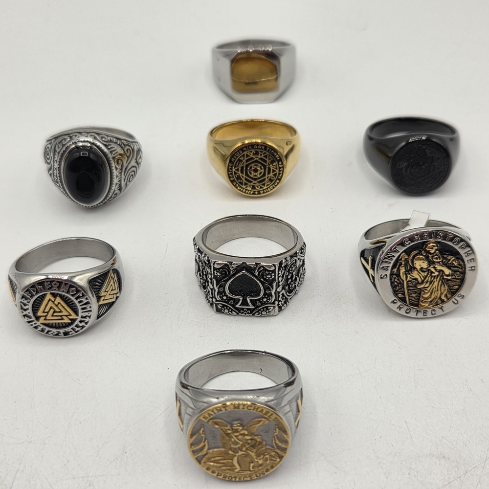 8 Mens Stainless Steel Rings Celtic Knot Talisman Spades Saints Large Sizes